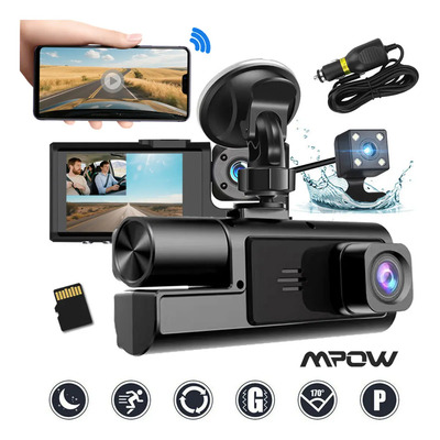 Mpow Cámara Automóvil Carro Dashcam Wifi De 3 Canales Carro Hd, Sd 32 Gb Incluida, Con Pantalla, 170° Gran Angular, Visión Nocturna, Grabación En Bucle, Sensor G, Control De App, Modo Estacionamiento | Envío gratis