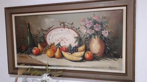 Cuadro Pintado Al Oleo Bodegón De Frutas Antiguo Bonito.