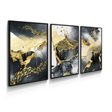 Quadro Decorativo Mármore Preto Branco Abstrato Dourado Luxo