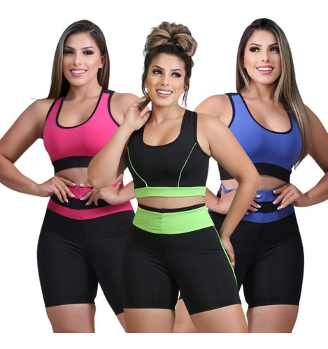 Kit 3 Conjuntos Short E Top Roupas De Academia Feminina Plus