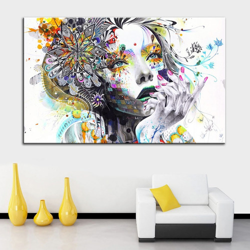 Cuadro Moderno Chica Con Flores Abstracto Canvas Hd 120x80