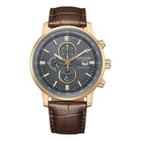 Reloj Citizen Ca084311h Para Hombre Cronógrafo Taquímetro Malla Marrón Bisel Bronce/negro Fondo Gris