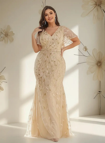 Vestido Largo Fiesta Sirena Lentejuela Manga Xs Talla Extra