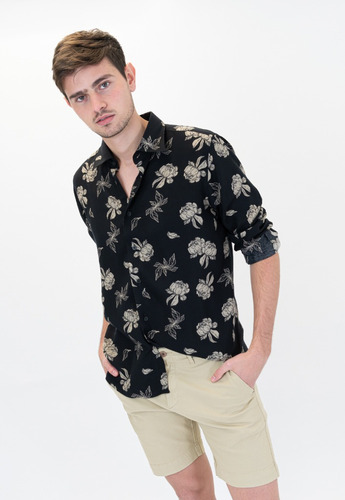 Camisa Hombre Negro Corte Ejecutivo Flor Beige