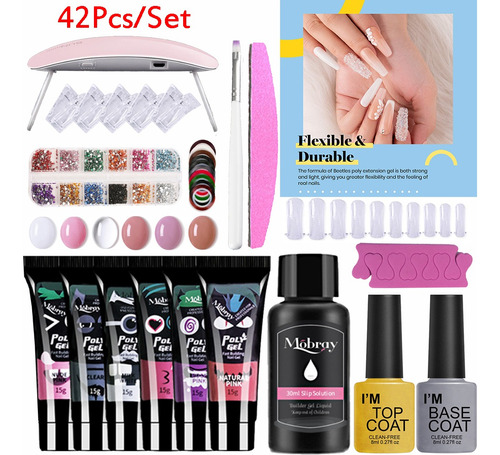 Polygel - Kit De 42 Piezas, Cepillo, Solución, Lámpara, Base