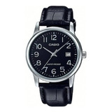 Reloj Pulsera Casio Mtp-v002 Con Correa De Cuero Color Negro - Bisel Plateado
