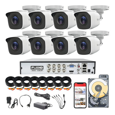 Kit Circuito Cerrado Hikvision Hilook dvr 8 canales 8 Camaras color Blanco 1080p 2mp Full Hd thc-b120-pc Cable Coaxial 18mts com Disco Duro 1tb | Envío gratis