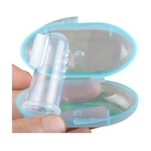 Escova Dente Massageadora De Dedo Bebê Silicone Estojo Azul