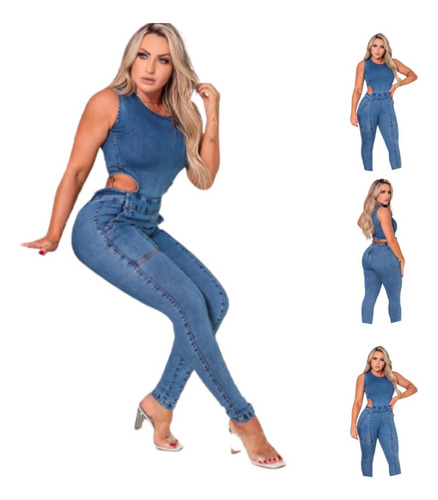 Macacão Longo Jeans Feminino Laycra Top Fashion 