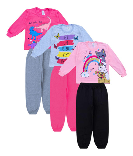 Kit 3 Pijamas Infantil Moletinho Inverno Manga Longa Criança