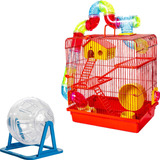 Kit Gaiola Luxo 3 Andares Vermelha + Bola Globo Hamster Cor Vermelho