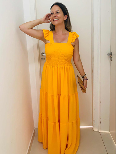 Vestido Feminino Amarelo Longo Manguinha Elegante Elastec