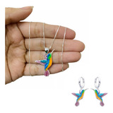 Set Cadena Aros Dije Plata 925 Colibrí Esmaltado Mujer