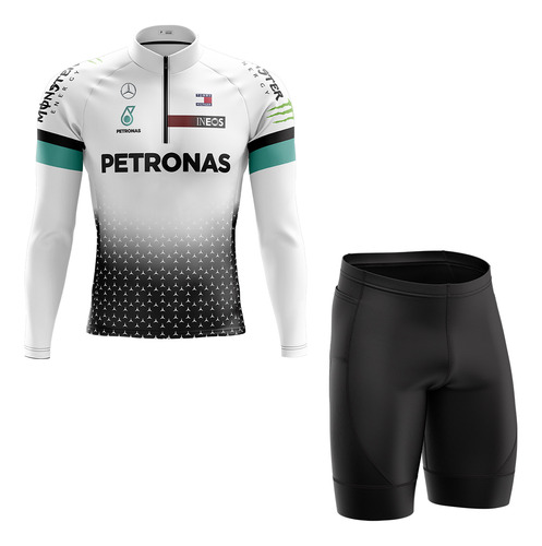 Kit Ciclismo Bermuda E Camisa Manga Longa Branco Petronas