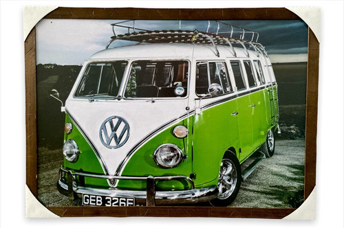 Quadro Decorativo Retrô Carro Kombi Verde 50x70cm Com Moldur