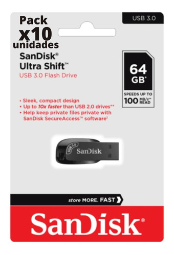 Pack X10 Pendrive 64 Gb Usb 3.0 100 Mb Veloz Shift Sandisk