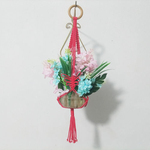 Macrame Hanger Suporte Pendurar Vasos Plantas Vermelho 50cm