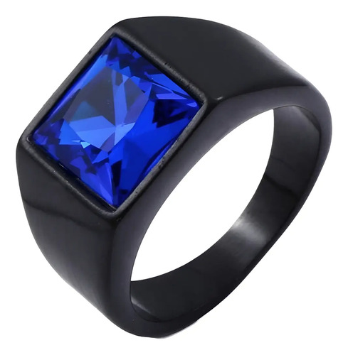 Anel Masculino Aço Tungstênio Preto Pedra Cristal Azul Blue