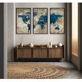 Mapa Mundial Vintage En 3 Partes 90x60c/u Con Marco Flotante