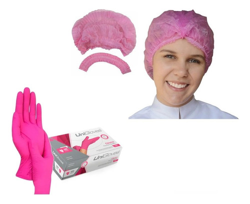 Kit Touca Descartável Tnt  Rosa 100 + Luva Rosa Pink 100 