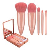 Kit Brochas Maquillaje X 5 Rosa Espejo Regalo