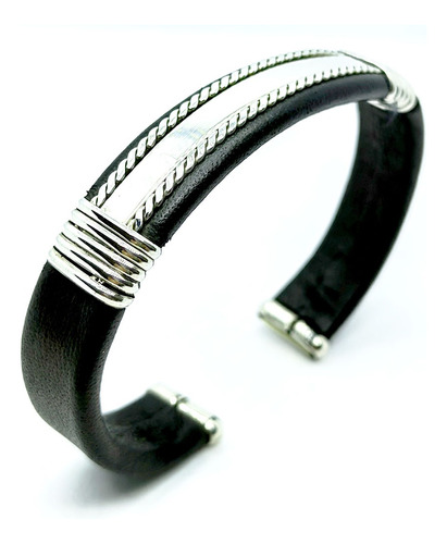 Esclava Piel Negra Plata 925 Ley Brazalete Ajustable Pulse04