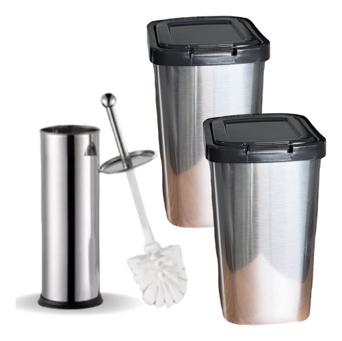 2 Lixeira Cesto 09l Inox Com Tampa Click Label + Escovinha 