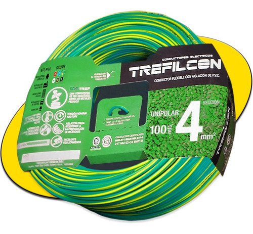 Cable Unipolar Certificado 4mm Trefilcon Verde Amarillo 100m