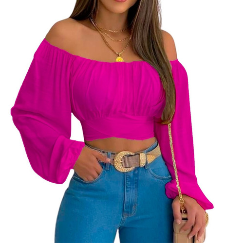 Blusa Crop Top Campesina Casual De Hombros Descubiertos Dama