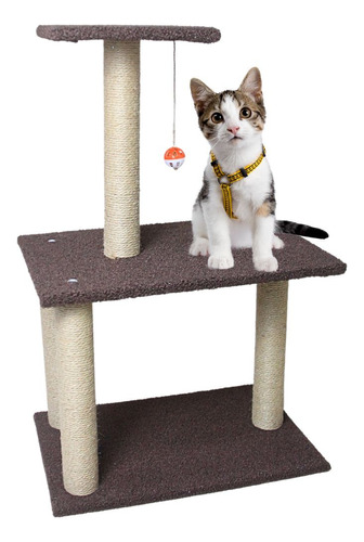 Torre Arranhador Gato Dekor Marrom Sisal E Pelúcia Com Brinquedo 3 Andares Premium Grande