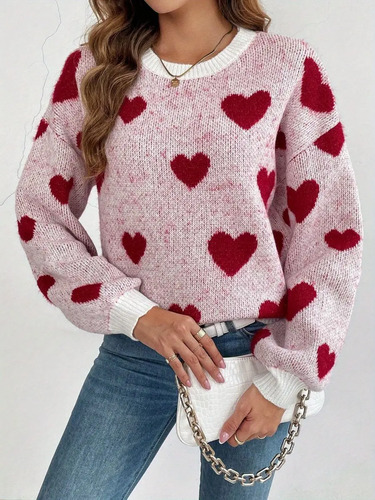 Suéter Con Forma De Corazón Rojo, Acogedor, De Punto, Casual