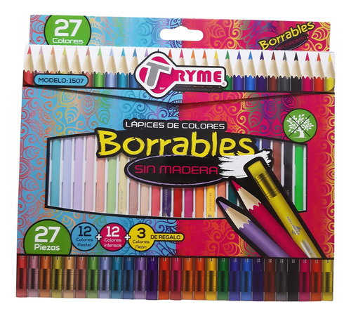 27 Lápices De Colores Borrables Tryme Ideal Regreso A Clases