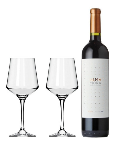 Copa Brunello 490ml X2 + Botella Vino Malbec Alma Mora 750cc