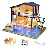 Villa Casita Muñecas Con Piscina Muebles Led Miniatura Funda