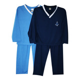 Kit 2 Pijama Longo Infantil Masculino Liso Com Decote V