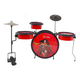 Bateria Infatil Luen Warner Bros Heroes Pedal Banco Baqueta Cor Vermelho/mulher Maravilha