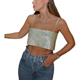 Blusa Cropped Top Alça Fina Brilho Lantejoulas Festa Forrado