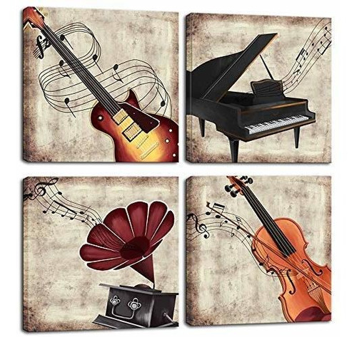 4 Paneles De Música Para Pared, Violín, Lienzo, Piano...