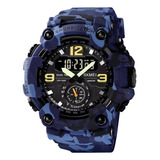 Reloj De Pulsera Skmei 1637 De Cuerpo Color Camuflado Azul, Analógico-digital, Para Hombre, Fondo Negro, Con Correa De Poliuretano Color Camuflado Azul, Agujas Color Verde, Negro Y Blanco, Dial Amaril