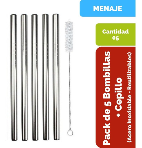 5 Bombillas De Acero Inox + Cepillo Reutilizable Ecológico