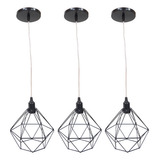 3 Pendente Aramado Diamante Cabo Cristal 1,5 Mt Retrô Lustre Cor Preto