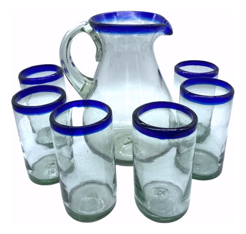 Juego De Jarra Con 6 Vasos Agua De Vidrio Soplado Artesanal