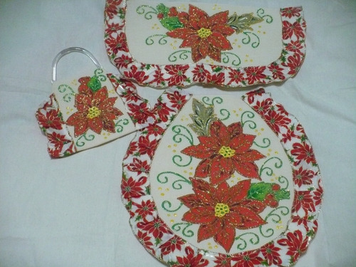 Set Fundas Navideñas Para Baño Y Camino De Mesa Nochebuenas.