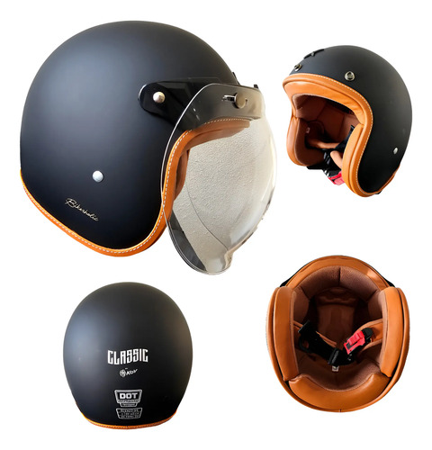 Casco Para Moto Clasico Cafe Racer 3/4 Negro Mate