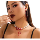 Conjunto Colar Chocker Brinco Ear Cuff Perola Pedra Vermelha