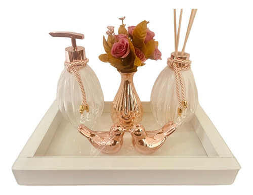 Kit Lavabo Rose Gold Branco Difusor Sabonete Luxo Aroma Casa