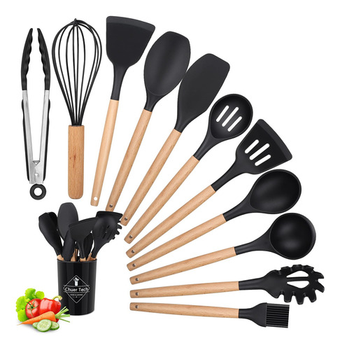 Jogo 11 Colheres De Silicone Cabo Inox Utensílios Cozinha