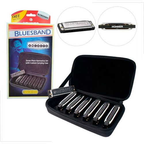 Kit 7 Gaitas Harmônicas Hohner Bluesband Com Estojo