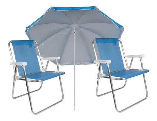 Kit 2 Cadeira Praia Alumínio Dobrável Azul + 1 Guarda-sol 1,
