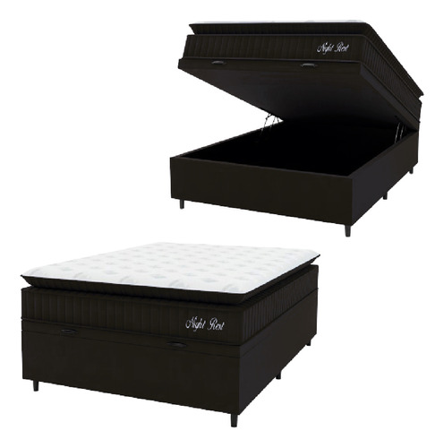 Cama Box Baú Casal Colchão Night Rest Preto Veludo/branco